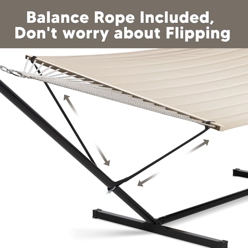 SUNCREAT Double Outdoor Hammock with 15 ft Stand, Standing Patio Hammocks for Outside, Beige - color: Beige, size: 15 ft Stand