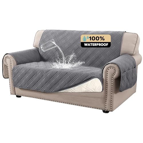 PrinceDeco 100% Waterproof Loveseat Covers for 2 Cushion Couch Sofa Covers Waterproof and Washable Sofa Slipcover with Side Pocket Furniture Protector with Elastic Straps(Loveseat 48", Grey) - color: Grey, size: Loveseat