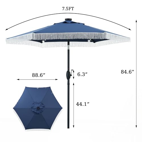 GDY 7.5 ft Fringe Patio Umbrella with 18 LED Solar Lights ，Stylish Fringe Decor for Graden, Pool, Beach, Deck, Navy Blue - color: Dark Blue+18 Lights, size: Umbrella Only
