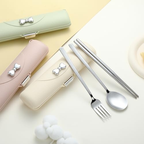 DEVICO Travel Silverware Set with Case, Portable Lunch Utensils Set for Work, Reusable Travel Cutlery Set, 18/8 Stainless Steel Flatware for Caming School Picnic, Dishwasher Safe (Light Yellow) - color: Light Yellow