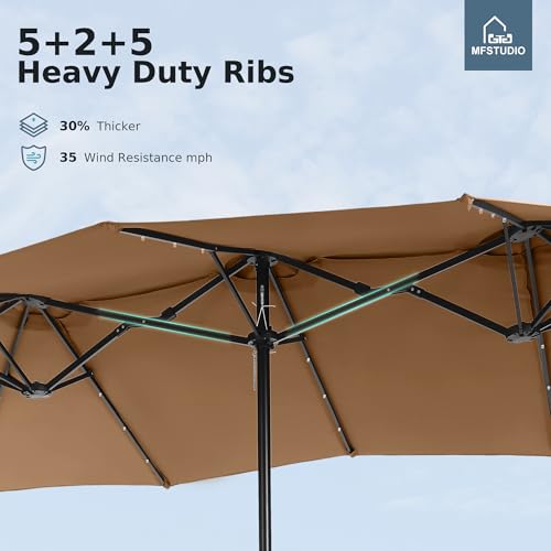 MFSTUDIO 15ft Double Sided Patio Umbrella with Solar Lights, Outdoor Large Umbrellas with Crank Handle and 36 LED Lights, Rectangular Market Umbrella with Base Included for Deck Pool Shade, Tawny - color: Tawny