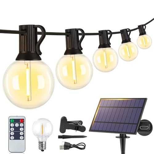 Larkvue 25FT Solar String Lights Outdoor with Remote, Waterproof Dimmable 3 Modes Patio Lights with 10+1 LED Shatterproof G40 Bulbs for Backyard-Black - color: Black