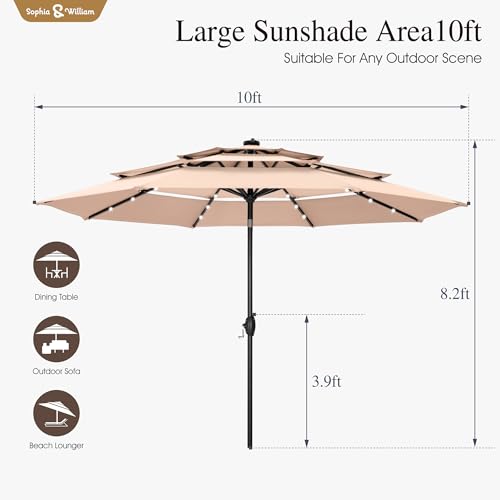 Sophia & William 10ft Patio Umbrellas 3-Tier Umbrella Outdoor Patio Umbrellas with Lights Vented Top 24 LED lights Adjustable Tilt for Pool Garden Backyard, Beige - color: Beige