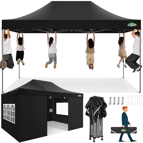 COBIZI 10x15 Heavy Duty Pop up Canopy Tent with 4 sidewalls Commercial Outdoor Canopy Wedding Party Tents for Wedding All Season Wind & Waterproof Gazebo with Carry Bag, Black(Frame Thickened) - color: Black, size: 10x15 With Sidewalls