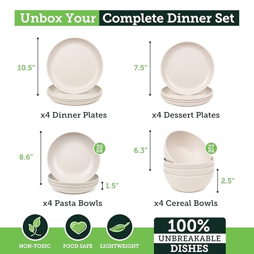 Grow Forward 16-piece Premium Wheat Straw Dinnerware Sets for 4 - Unbreakable Dishwasher & Microwave Safe Plastic Plates and Bowls Sets - Patio, Outdoors, RV, Camping Dishes - Sahara - color: Sahara Beige