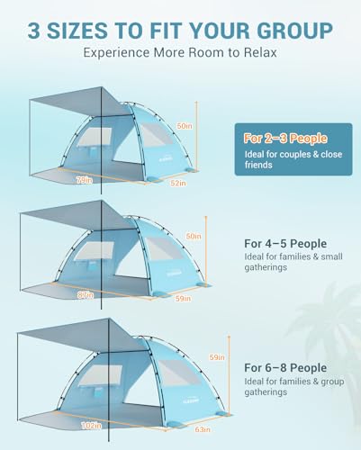 Elegear CumbreX™ Beach Tent Sun Shelter with Canopy, Pop Up Beach Tent, Easy Setup UPF 50+ UV Protection Portable Lightweight Double Silver Coating Beach Cabana Sun Shade Shelter 3 Person Sky Blue - color: Sky Blue, size: 3 Person