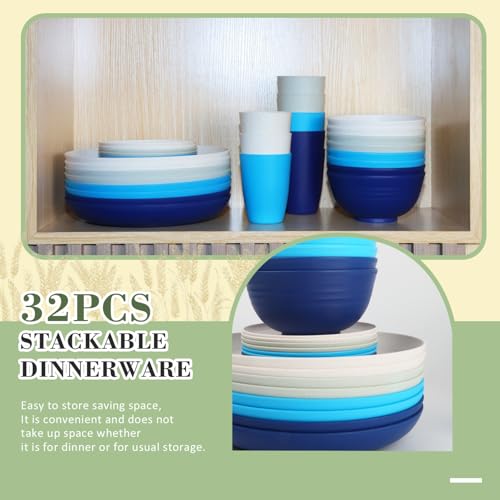 Wrova Wheat Straw Dinnerware Set of 32,Unbreakable Dinner Plates and Bowls Dishes Sets Service for 8,Dishwasher Safe Dinnerware Sets for Kitchen and Camping.Island Series - color: Island Series, size: 32 Pack