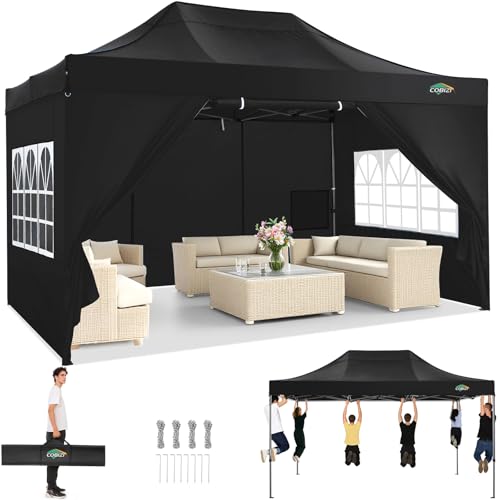 COBIZI 10x15 Heavy Duty Pop Up Canopy Tent with 4 Sidewalls Thicken Frame, Commercial Easy Up Outdoor Wedding Party Tents, All Season Waterproof Windproof with Stakes Sandbags Ropes Bag, Black - color: Black, size: 10x15