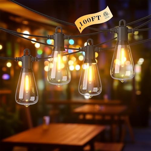 FOOMAN LED Outdoor String Lights, 100FT Outside Waterproof Patio Lights with 50+3 Shatterproof ST38 Edison Bulbs, 2700K Warm White Hanging Light, Dimmable Light for Back Yard Porch Party Gezebo - size: 100FT