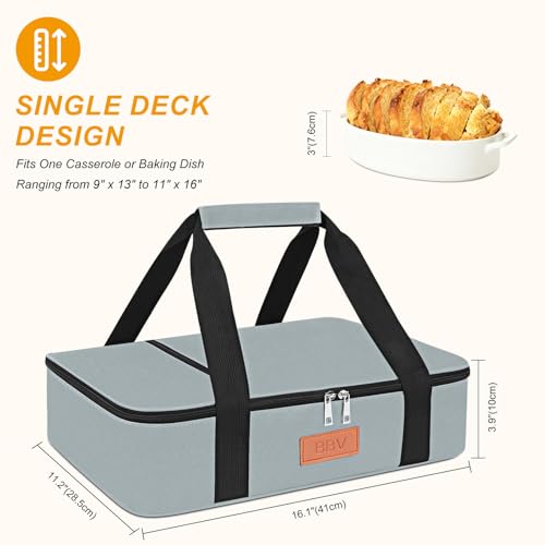 BBV Insulated Casserole Carrier for Hot or Cold Food, Food Warmer Bag Fits 9"x13" Baking Dish, Durable Nylon Leak Proof Food Containers for Travel, Potluck, Parties, Picnic, Cookouts (Grey) - color: Grey