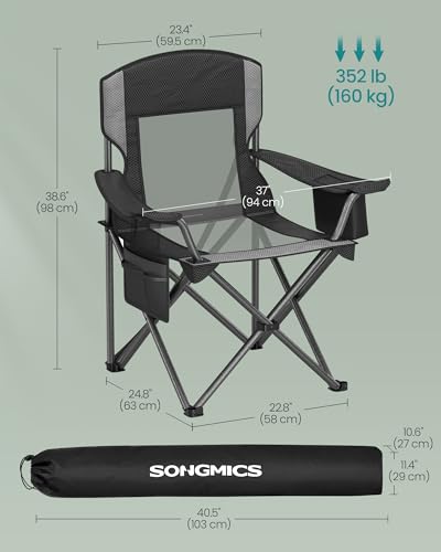 SONGMICS Camping Chair, Folding Oversized Chair, Comfortable and Heavy-Duty, 352 lb Weight Capacity, Adjustable Armrests with Cooler Bag, Storage Bag, Breathable Mesh, Ink Black UGCB060B01 - color: Black, style: 1PC (24.8"D x 37"W x 38.6"H)