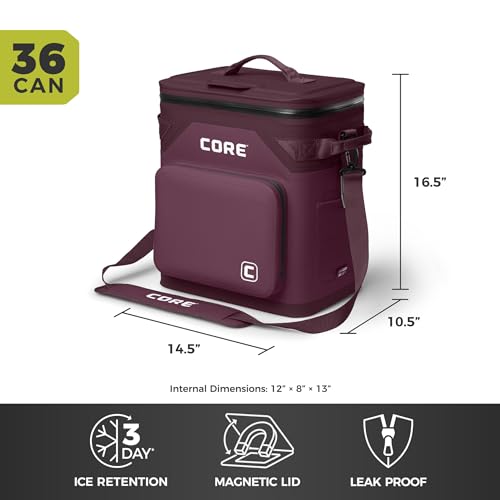 CORE Magnetic Leak Proof Soft Cooler with Waterproof Zipper | Insulated Bag Portable Ice Chest Box | Best Soft Cooler for Food & Beverages for Tailgating, Car Camping, Travel, and Family Beach Picnics - color: Mulberry, size: 36 Can