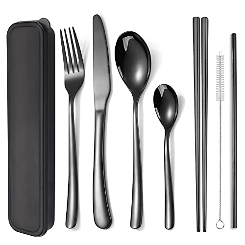 AARAINBOW 6 Pieces Stainless Steel Flatware Set Portable Reusable Cutlery Set Travel Utensils Set Including Chopsticks Knife Fork Spoon Straws Cleaning Brush Dishwasher Safe (7 Black) - color: 7 Black