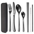 AARAINBOW 6 Pieces Stainless Steel Flatware Set Portable Reusable Cutlery Set Travel Utensils Set Including Chopsticks Knife Fork Spoon Straws Cleaning Brush Dishwasher Safe (7 Black) - color: 7 Black