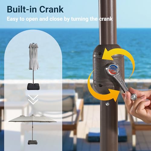 HOOOWOOO Outdoor Patio Umbrella With Solar Light,15 Ft Large Beach Umbrella,UV Protection Picnic Market Parasol Sunshade W Base Crank Handle For Backyard Deck Pool Shade - color: Light Gray