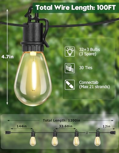 100FT Outdoor String Lights with 35 Shatterproof Patio Deals S14 Vintage Edison Bulbs E12 Sockets,2700K Dimmable Outdoor Lights,IP55 Waterproof LED String Lights for Outside, Patio Lights - size: 100FT-32+3