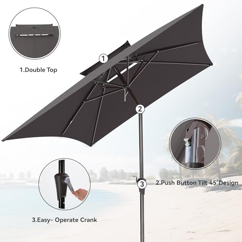 6.6 x 10 ft Rectangular Patio Umbrella, Outdoor Market Table Umbrella with Push Button Tilt and Crank, Double-Tier Vent, 6 Ribs, Rectangle Patio Umbrella for Backyard, Deck, Pool, Fits 4–6 Chairs and Tables (Grey) - color: Grey