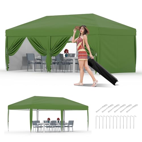10X20 Pop Up Canopy Tent with 6 Sidewalls – Heavy Duty Commercial Instant Shelter, One-Person Quick Setup Outdoor Party Tent, Water-Resistant & Portable, Green - color: Green