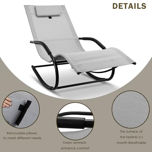 Zero Gravity Rocking Chair Lightweight Lounge Chair Recliner with Detachable Pillow Outdoor Chaise Lounge Chair for Patio, Lawn, Pool, Home Furniture, Grey