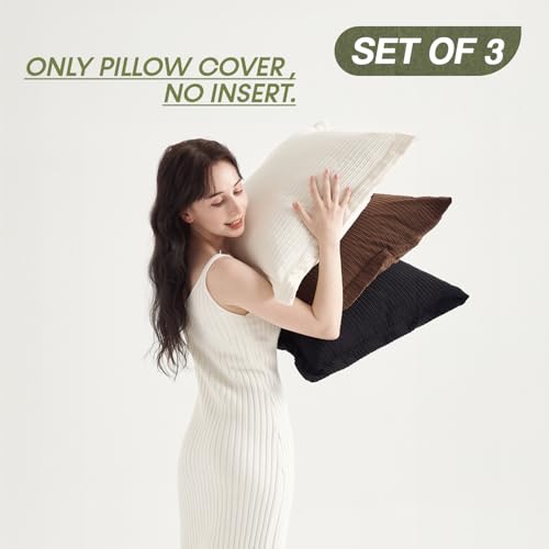 COCO TOP Set of 3 Vintage Decorative Throw Pillow Covers 22x22inch, Super Soft Striped Corduroy Euro Pillow Covers Rustic Home Decor for Modern Lounge Bedroom Living Room(Dark Brown, Black & White) - color: Dark Brown/Black/White, size: 22" x 22" (Pack of