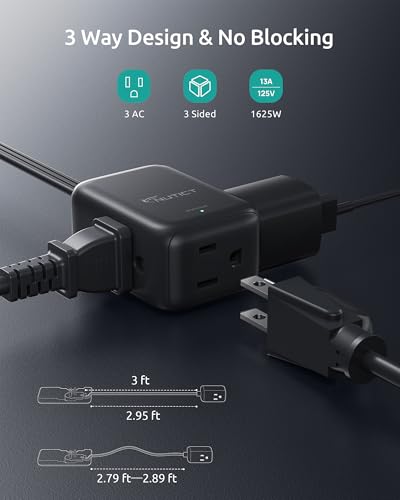 NUTICT Flat Extension Cord with 3 Outlets, 3FT Short Extension Cord Flat Wall Plug & Ultra-Thin Outlet Cover, 900J Surge Protection, 13A/1625W, ETL Listed, Black Outlet Extender for Kitchen Bathroom - color: Black, size: 3ft(3 Prong Plug), style: for Stan