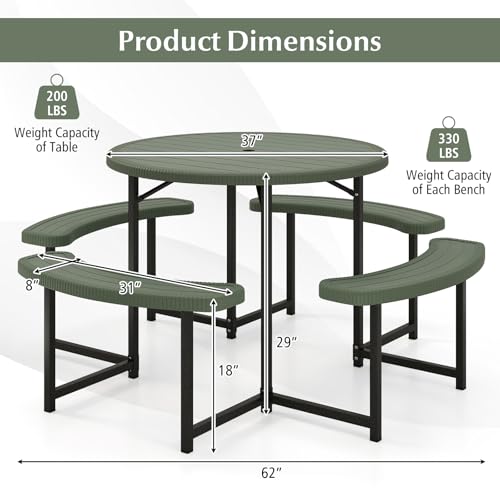 Byroce 8-Person Picnic Table for Outdoors, HDPE Picnic Table Set with 4 Benches, Umbrella Hole & Metal Frame, Heavy Duty Round Dining Table Chairs for BBQ Party in Patio, Yard & Poolside (Green) - color: Green