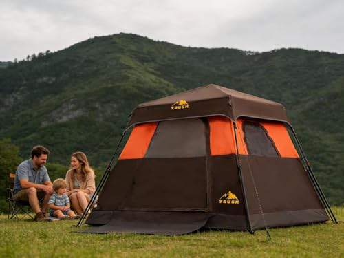 3/4 Person Camping Tent with 1 Door, 4 Windows, and Upgraded Ventilation– Instant Setup, Waterproof, 8'x 8'x 67''Oxford Fabric Floor Pop Up in 60 Seconds Includes Rainfly and Backpack - color: 4 Person Brick Red