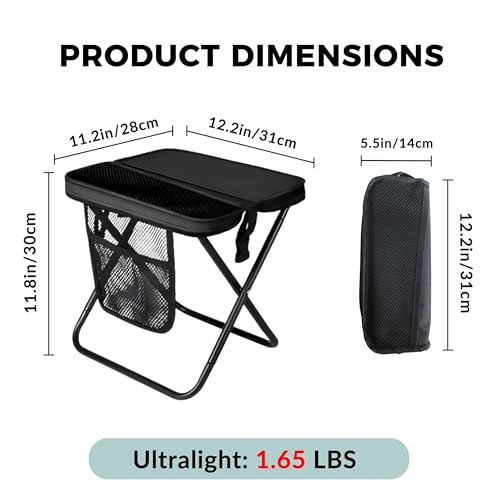 12" Portable Collapsible Stool - Folding Chair with Storage Pouch, Convertible Satchel for Hands-Free Carry & Supports 265Lbs, Ultralight for Hiking, Fishing, Camping, Festivals (Black, Standard) - color: Black, size: Standard