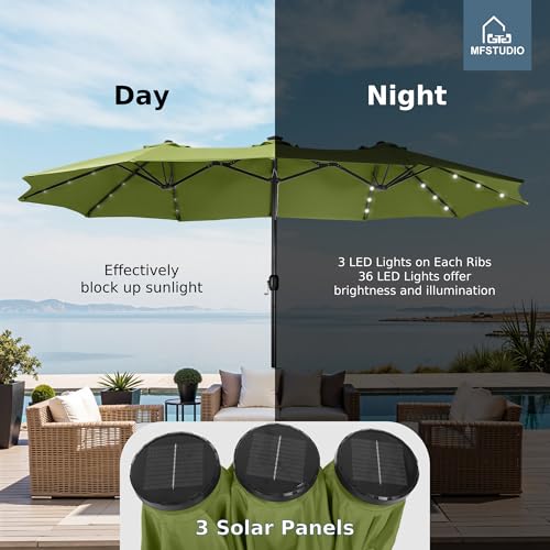 MFSTUDIO 15ft Double Sided Patio Umbrella with Solar Lights, Outdoor Large Umbrellas with Crank Handle and 36 LED Lights, Rectangular Market Umbrella with Base Included for Deck Pool Shade, Lime Green - color: Lime Green