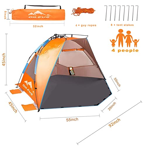 Oileus X-Large 4 Person Beach Tent Sun Shelter - Portable Sun Shade Instant Tent for Beach with Carrying Bag, Stakes, 6 Sand Pockets, Anti UV for Fishing Hiking Camping, Waterproof Windproof, Orange - color: Orange