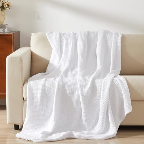 PHF 100% Cotton Muslin Blanket Queen Size 90"x90", 4-Layer Lightweight Gauze Throw, Breathable Cloud-Soft Minimalist Blanket for Bed, Couch, Camping, White, Ideal Gift - color: 01 - White, size: Queen Size(90"X90")