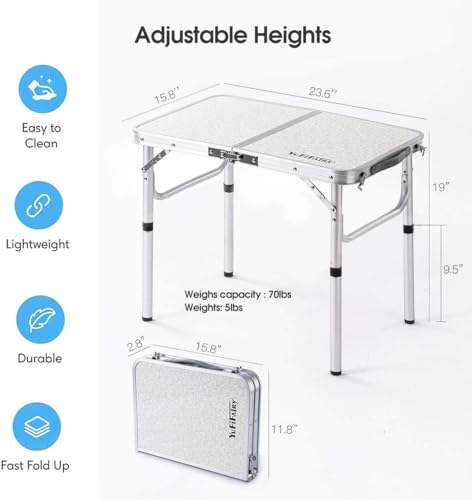 Folding Camp Table Small, 24''L x16''W with Adjustable Height Legs, Indoor Outdoor Lightweight Portable Aluminum Dining Table for Picnic Camping 2-Feet（2 Heights 10"/19"） - color: Silver & Sage Gray, size: 24"L x 16"W x 24"H