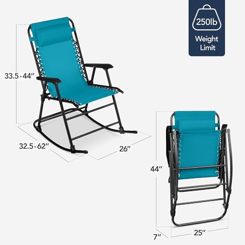 Best Choice Products Outdoor Zero Gravity Rocking Chair, Folding Reclining Patio Lounge Chair with Adjustable Pillow for Lawn, Beach, Camping - Peacock Blue - color: Peacock Blue
