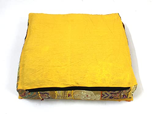Mam Treasures Indian Bohemian Decorative Pillow Vintage Cushion Cover Patchwork Square Floor Pillow Cover Meditation Cushion Large Floor Pillow Indian Cushion (Yellow, 16 X 16 X 5 Inch) - color: Yellow, size: 16" x 16" (Pack of 1)
