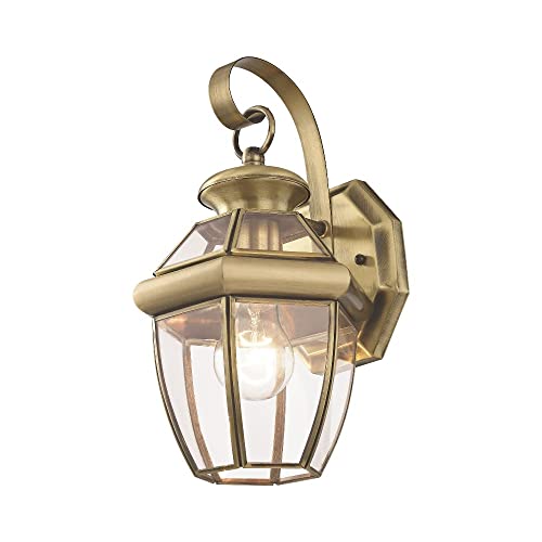 Livex Lighting 2051-01 Monterey 1 Light Outdoor Antique Brass Finish Solid Brass Wall Lantern with Clear Beveled Glass - color: Antique Brass