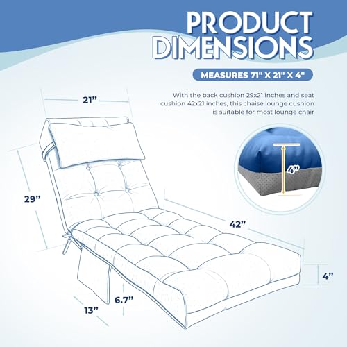 Outdoor Chaise Lounge Cushion, Waterproof Lounge Chair Cushion for Outdoor Furniture, 71 x 21 x 4 Inches Patio Cushion with Straps for Lawn Pool Furniture (Royal Blue, Lounge Chair Cushion) - color: Royal Blue