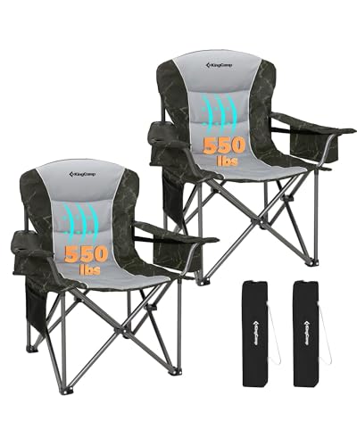KingCamp Oversized Camping Folding Chair, Heavy Duty 450 LBS with Lumbar Support, Padded seat with Cup Holder&Cooler Bag, Ideal for Camp, Fishing, Sports Event, Backyard, Patio, Lawn - color: Green/Grey-2 Pack