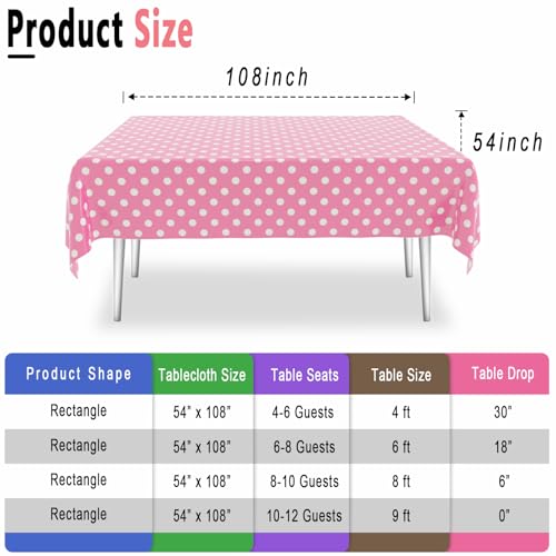 2 Pack Pink Polka Dot Tablecloth,Pink and White Tablecloths Disposable Plastic Rectangular Picnic Table Cover,Suitable for Rectangular Tables(54 x 108 Inches) - color: Polka Dot Pink, size: 54" x 108" Rectangular (2 Pack)