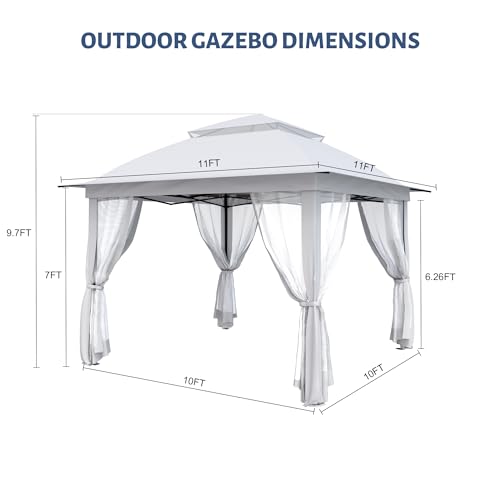 11'X11' Gazebo Pop Up with 4 Sidewalls Mosquito Netting, Heavy Duty Patio Gazebo Canopy Tent with Double Air Roofs for Backyards, Patios, Decks, Gardens, Parks - color: White Top