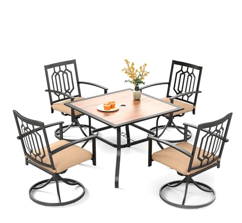 PHI VILLA 5 Pieces Outdoor Dining Set for 4, 37” Square Wrought Iron Table with Ploywood Tabletop & Swivel Metal Steel Chairs with Cushions, Outside Furniture Set for Patio, Porch, Deck, Backyard - color: Hexagon Back Swivel Chair, size: 5PCS-37" Wood Top