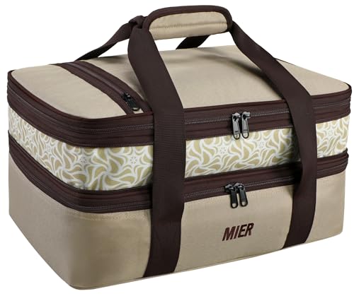 MIER Insulated Double Casserole Carrier Bag Thermal Lunch Tote for Lasagna Lugger, Potluck Parties, Picnic, Beach, Fits 9 x 13 Inches Baking Dish, Casserole Dish, Expandable by Mid Zipper, Khaki - color: Khaki