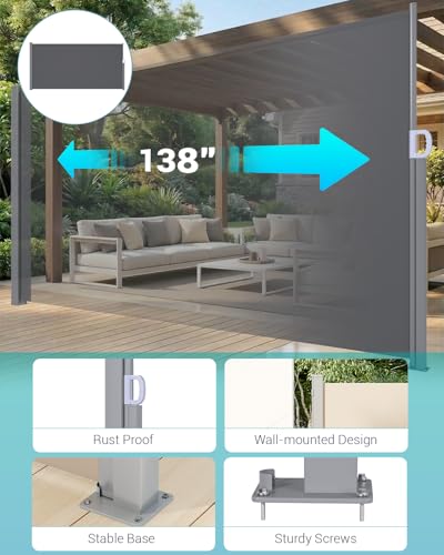 U-MAX Retractable Side Awning, 138"x 71" Outdoor Side Awning, Waterproof Folding Privacy Screen, 180g Premium Polyester Fabric Room Divider for Patio, Garden and Terrace, Dark Grey - color: Dark Grey, size: 138"x 71"