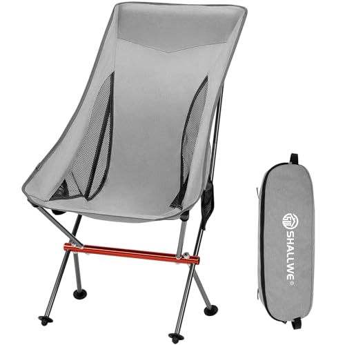 SHALLWE Camping Chairs, All Aluminum Frame Portable Folding Camp Chair for Adults, Heavy Duty High Back Collapsible with Built-in Pillow, Side Pocket, Carry Bag for Backpacking, Hiking, Beach - color: Grey