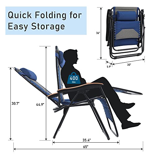 PHI VILLA XXL Oversized Padded Zero Gravity Chair Set of 2, Foldable Patio Recliner, 30" Wide Seat Anti Gravity Lounger with Armrest and Cup Holder, Support 400 LBS (Thumb Blue) - color: Blue, style: 2 Pcs