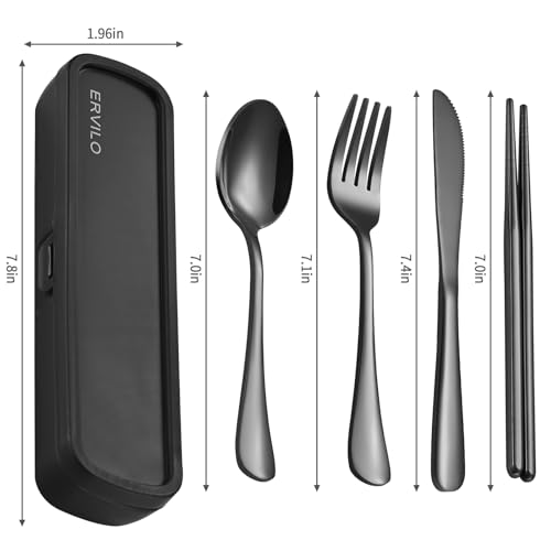 Travel Utensils with Case, Stainless Steel Camping Cutlery Set, Reinforced Case with Snap-Lock Closure, Include Fork Spoon Knife Chopsticks, Portable Lunch Box Silverware for Picnic Office, Black - color: Black
