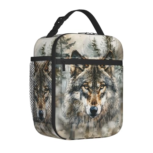 Reusable Cool Wolf Lunch Box for Kids Girls Boys Women Adult, Insulated Realistic Forest Lunch Bag,Polyester Cooler Animal Handbags Case for School Picnic Work Travel Beach or Hiking - color: Wolf 02
