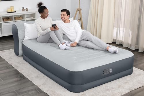 SleepLux Queen Air Mattress with Headboard | Supersoft Snugable Top, Extra Durable Tough Guard | Raised Airbed with Built in Pump + USB Charger (90"x60"x29") Grey - style: Queen ToughGuard with Headboard