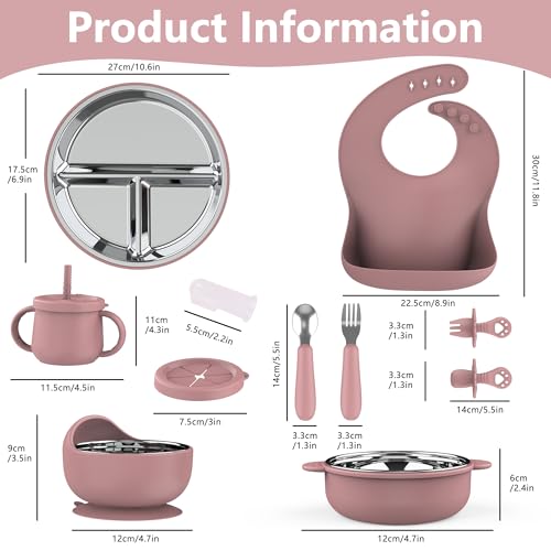 13 Pack Silicone Baby Feeding Set, BPA-Free Stainless Steel Toddler Feeding Supplies, Include Suction Plates, Baby Bowls, Silicone Fork & Spoon, and More, First Stage Baby Dish Set - 6+ Months - color: Pink