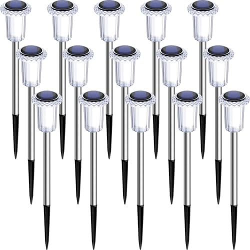 DenicMic Solar Lights Outdoor 15 Pack Waterproof 6000K Cold White LED Stainless Steel Stake Outside Lights for Yard Pathway Garden Driveway Walkway Landscape Path Lighting - color: Cold 15Pack