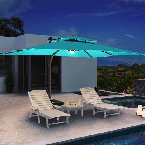 10 X 13 FT Cantilever Patio Umbrella with LED Lights Outdoor Heavy Duty Double Top Windproof Rectangle Offset Umbrellas with 360-degree Rotation for Pool Deck Backyard, Turquoise - color: Turquoise, size: 10' X13'-Weighted Base Not Included